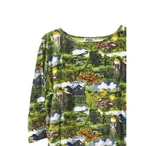 VTG Collections Etc Large Top 3/4 Sleeve Knit Tee Barn Bird Floral Sequin Kitsch